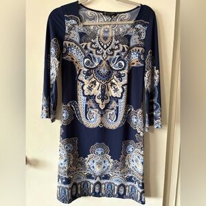 INC International Concepts Navy Paisley Dress with Cream & Light Blue Details